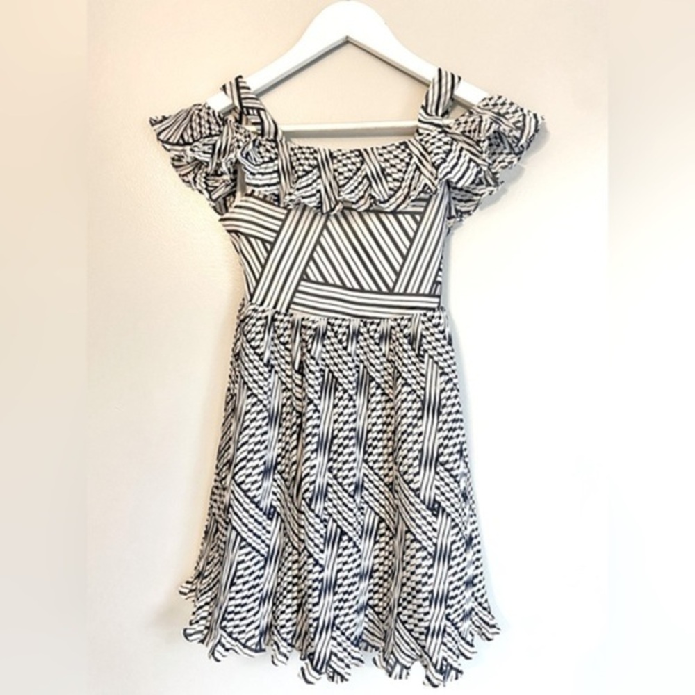 Dorissa Navy Blue & White Geometric Pattern Pleated Dress Girls 10